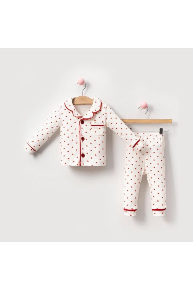 Kalp Baskılı Kız Bebek Pijama Takımı Beyaz/Kırmızıkalp - 18-24 Ay