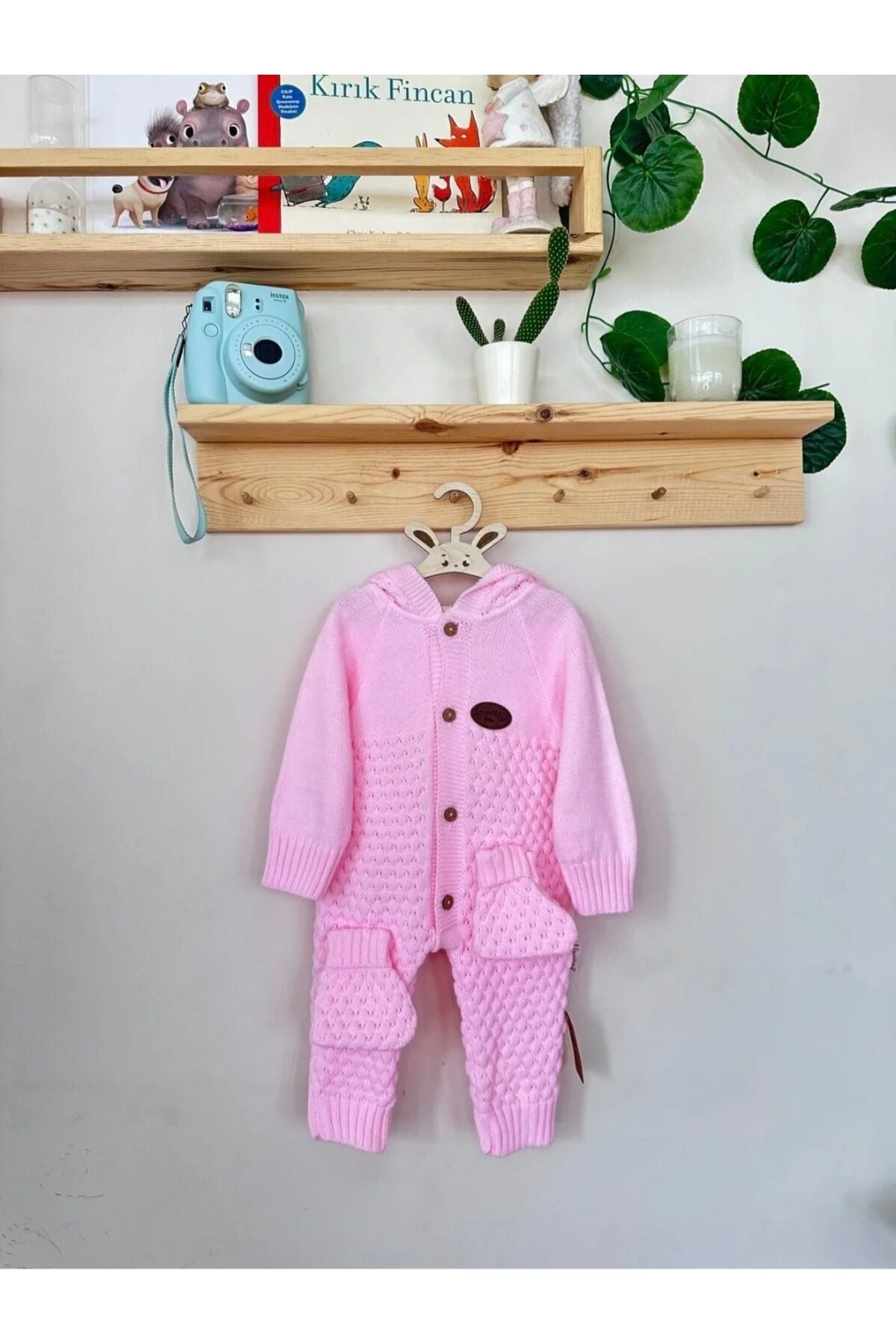 Triko bebek tulum seti önden düğmeli kapşonlu Pembe - 6-12 Ay