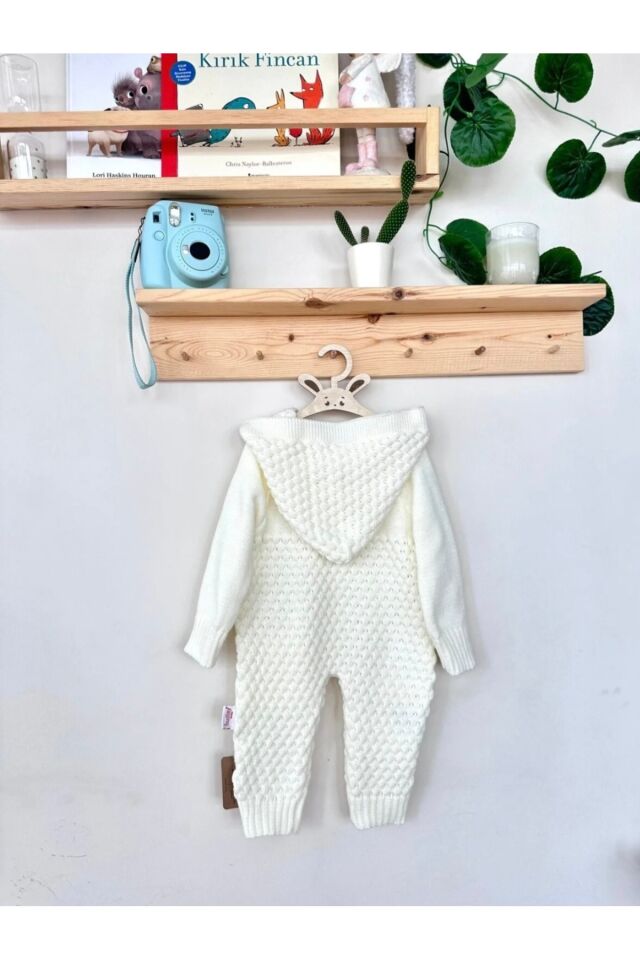 Triko bebek tulum seti önden düğmeli kapşonlu Ekru - 6-12 Ay