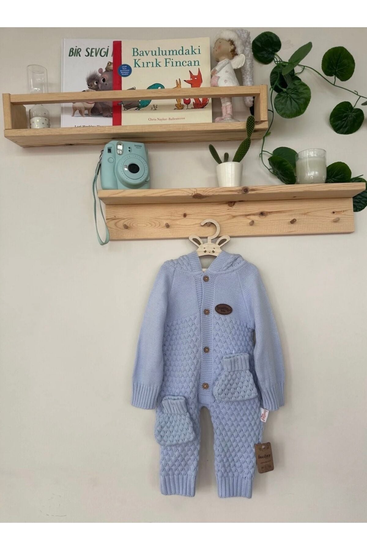 Triko bebek tulum seti önden düğmeli kapşonlu Mavi - 6-12 Ay