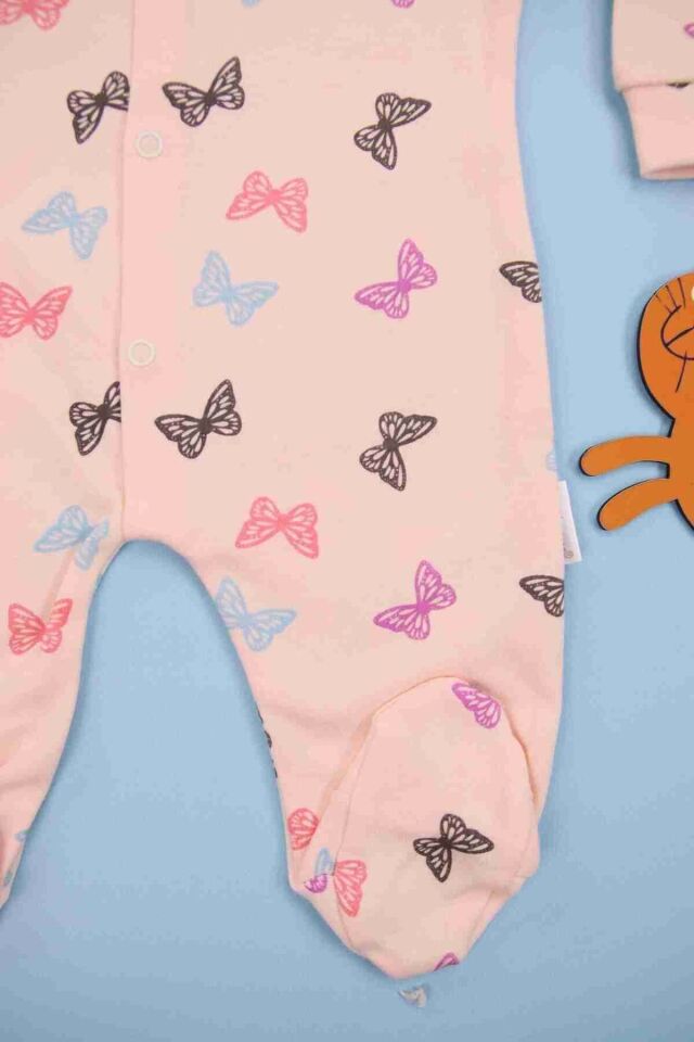 Kelebek Desenli Pembe Kız Bebek Tulum