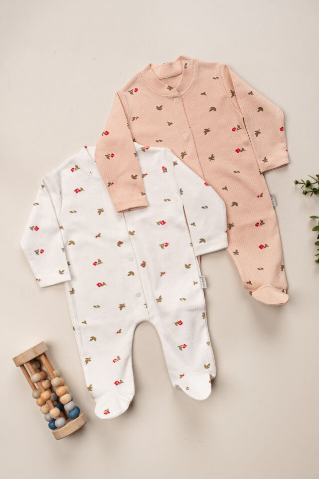 Organik Kız Bebek Çiçek desenli 2li Tulum Takımı Yenidoğan kıyafet 1-3-6 ay 2'li Pamuklu 2 Parça Çi Pembe - 6 Ay