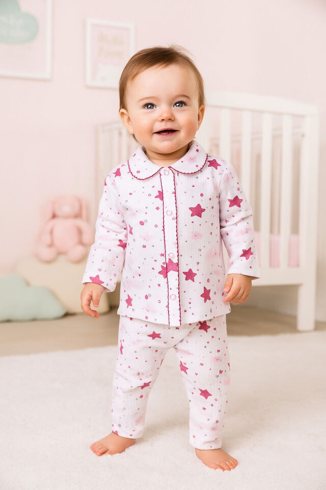 2’li Fitilli Kumaş Açık Pembe Bulut Desenli Kız Bebek Çocuk Alt Üst Pijama Takımı