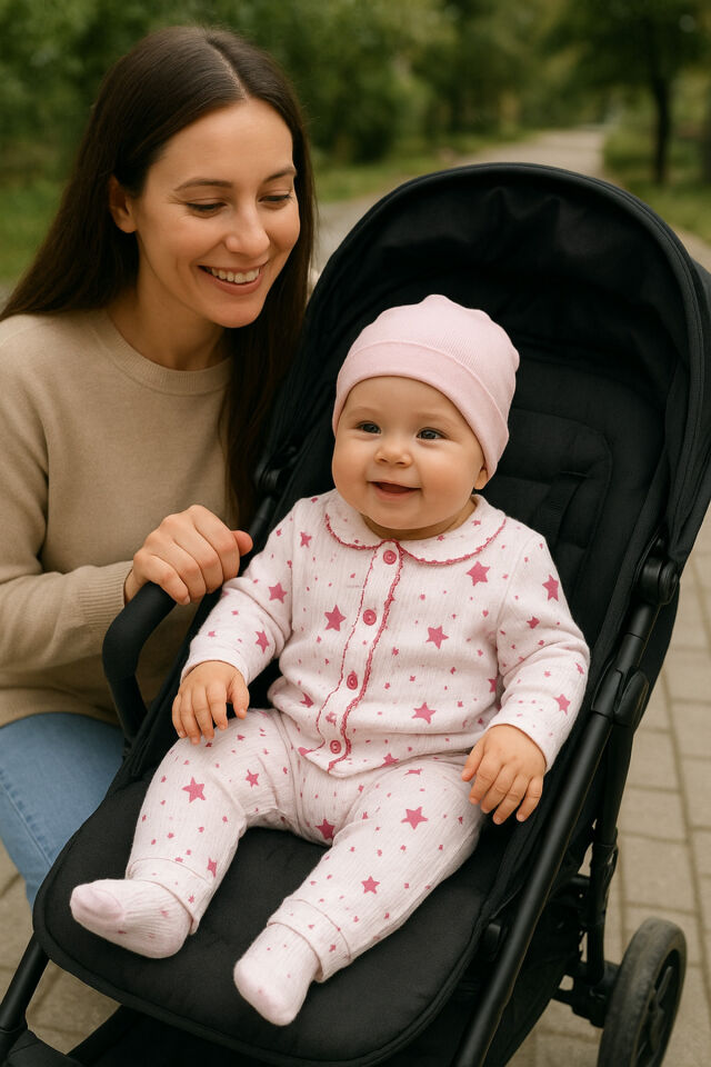 2’li Fitilli Kumaş Açık Pembe Bulut Desenli Kız Bebek Çocuk Alt Üst Pijama Takımı