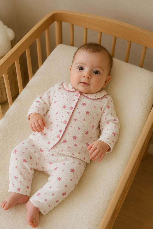 2’li Fitilli Kumaş Açık Pembe Bulut Desenli Kız Bebek Çocuk Alt Üst Pijama Takımı