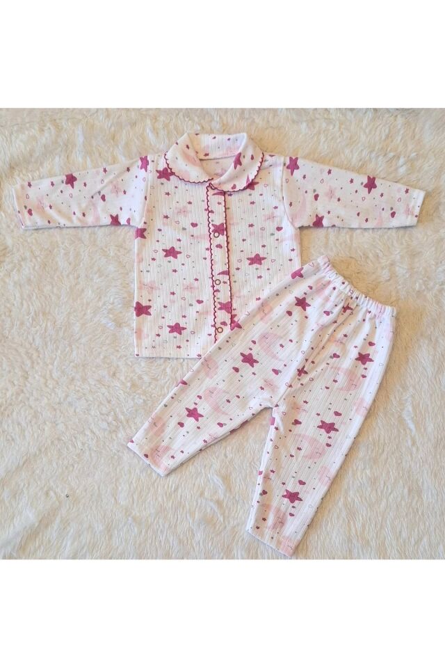 2’li Fitilli Kumaş Açık Pembe Bulut Desenli Kız Bebek Çocuk Alt Üst Pijama Takımı