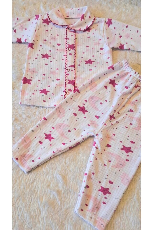 2’li Fitilli Kumaş Açık Pembe Bulut Desenli Kız Bebek Çocuk Alt Üst Pijama Takımı