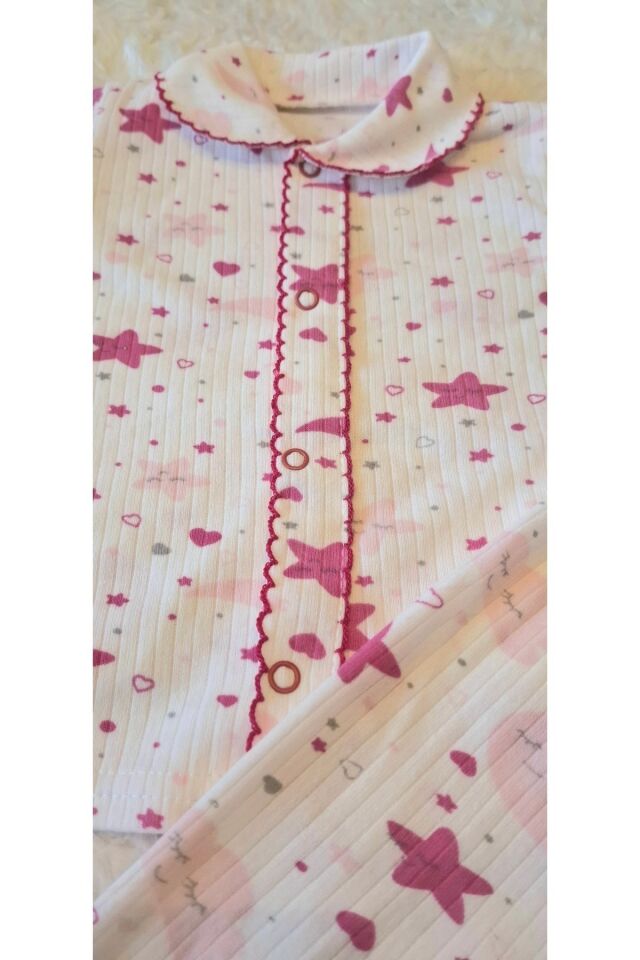 2’li Fitilli Kumaş Açık Pembe Bulut Desenli Kız Bebek Çocuk Alt Üst Pijama Takımı