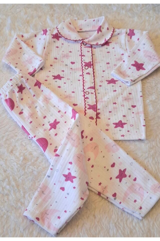 2’li Fitilli Kumaş Açık Pembe Bulut Desenli Kız Bebek Çocuk Alt Üst Pijama Takımı