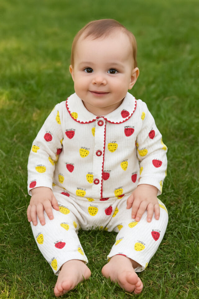 2’li Fitilli Kumaş Yeşil Bulut Desenli Kız Erkek Bebek Çocuk Alt Üst Pijama Takımı