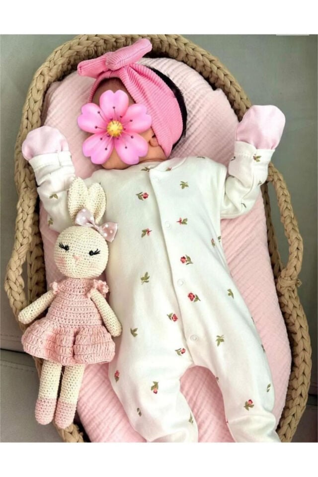 Organik Kız Bebek Çiçek desenli 2li Tulum Takımı Yenidoğan kıyafet 1-3-6 ay 2'li Pamuklu 2 Parça Çi Pembe - 3