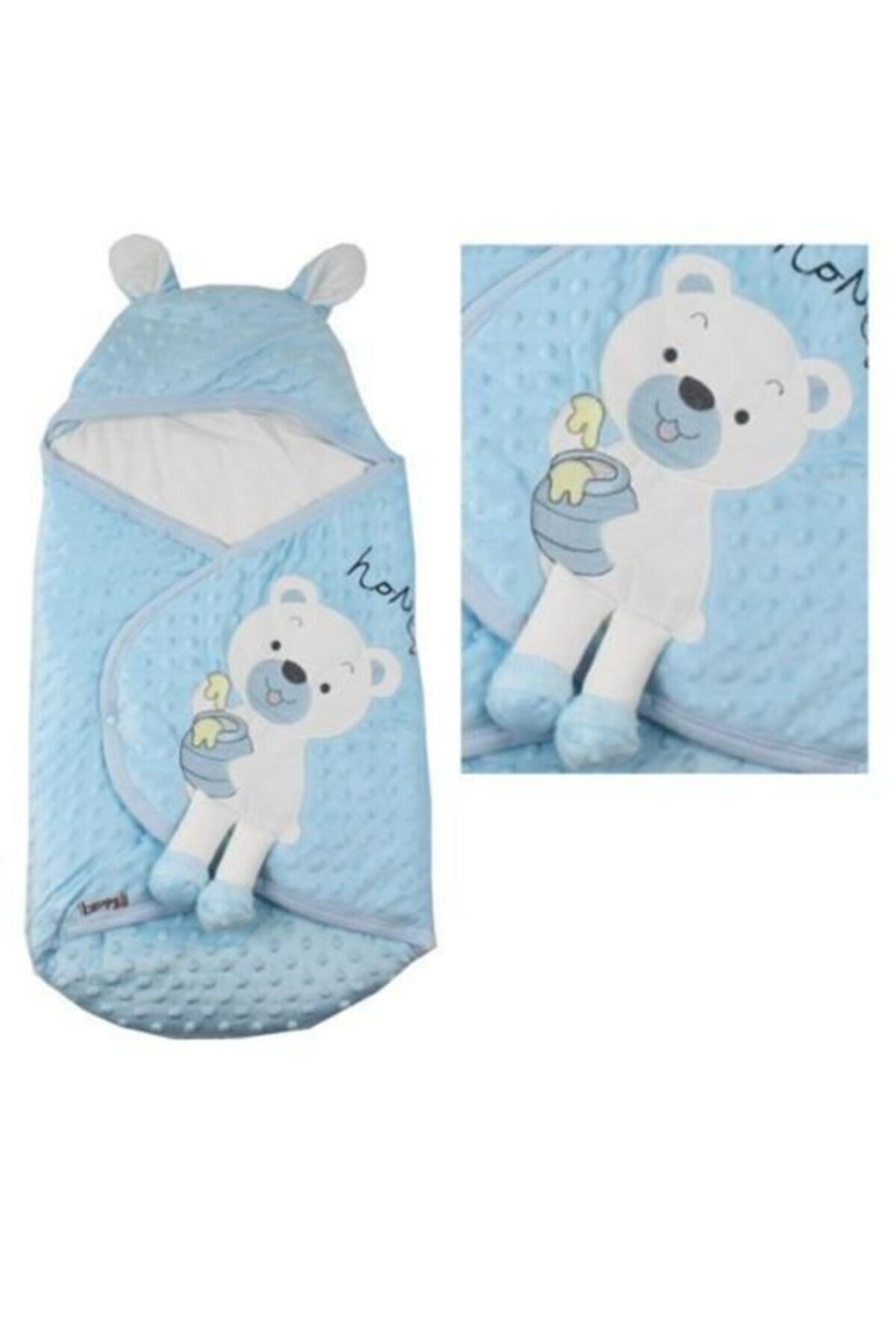Unisex Bebek Beyaz Sevimli Topitos Nakışlı Velboa Kundak Krem Mavi - 0 - 12 Ay