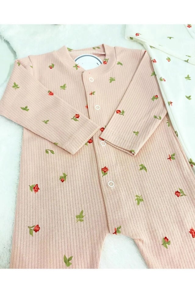 Organik Kız Bebek Çiçek desenli 2li Tulum Takımı Yenidoğan kıyafet 1-3-6 ay 2'li Pamuklu 2 Parça Çi Pembe - 3-6 Ay