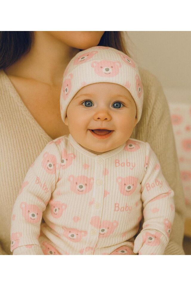 Pembe 5li Fitilli Organik Kumaş Bebek Takım Hastane Çıkışı