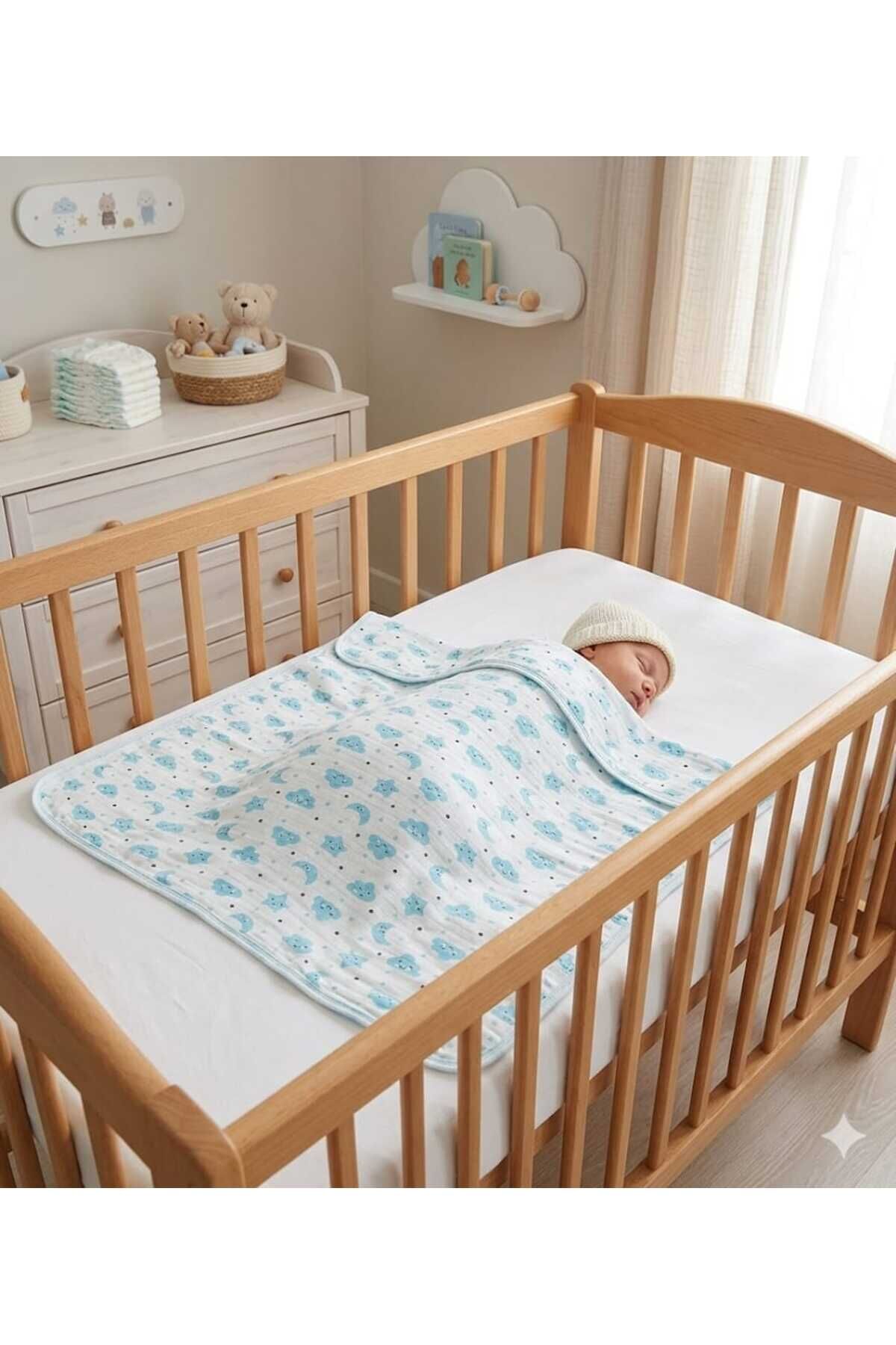 Kahve kalp fitilli kumaş pamuk kundak bebek battaniyesi Mavi,Yıldız