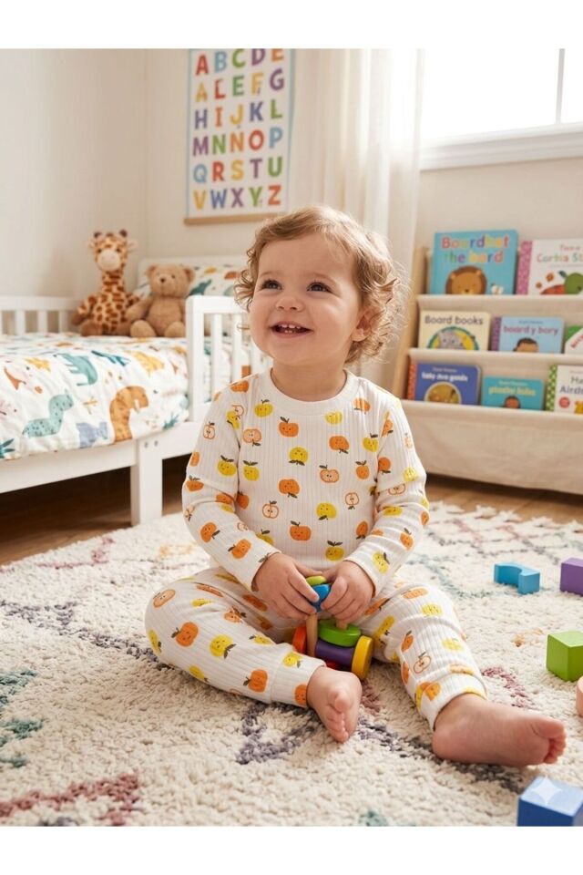 Meyveli %100 Pamuk kumaş 2'li Çocuk Bebek Pijama Takımı Not:Bir beden büyük tercih ediniz.