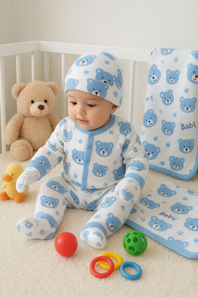 Mavi Baby Ayıcık Desenli 6 Parça Battaniyeli Yenidoğan Pamuk Takım Hastane Çıkışı