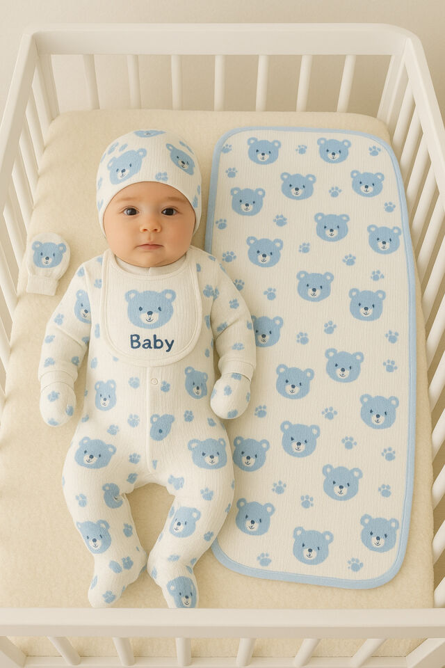 Mavi Baby Ayıcık Desenli 6 Parça Battaniyeli Yenidoğan Pamuk Takım Hastane Çıkışı
