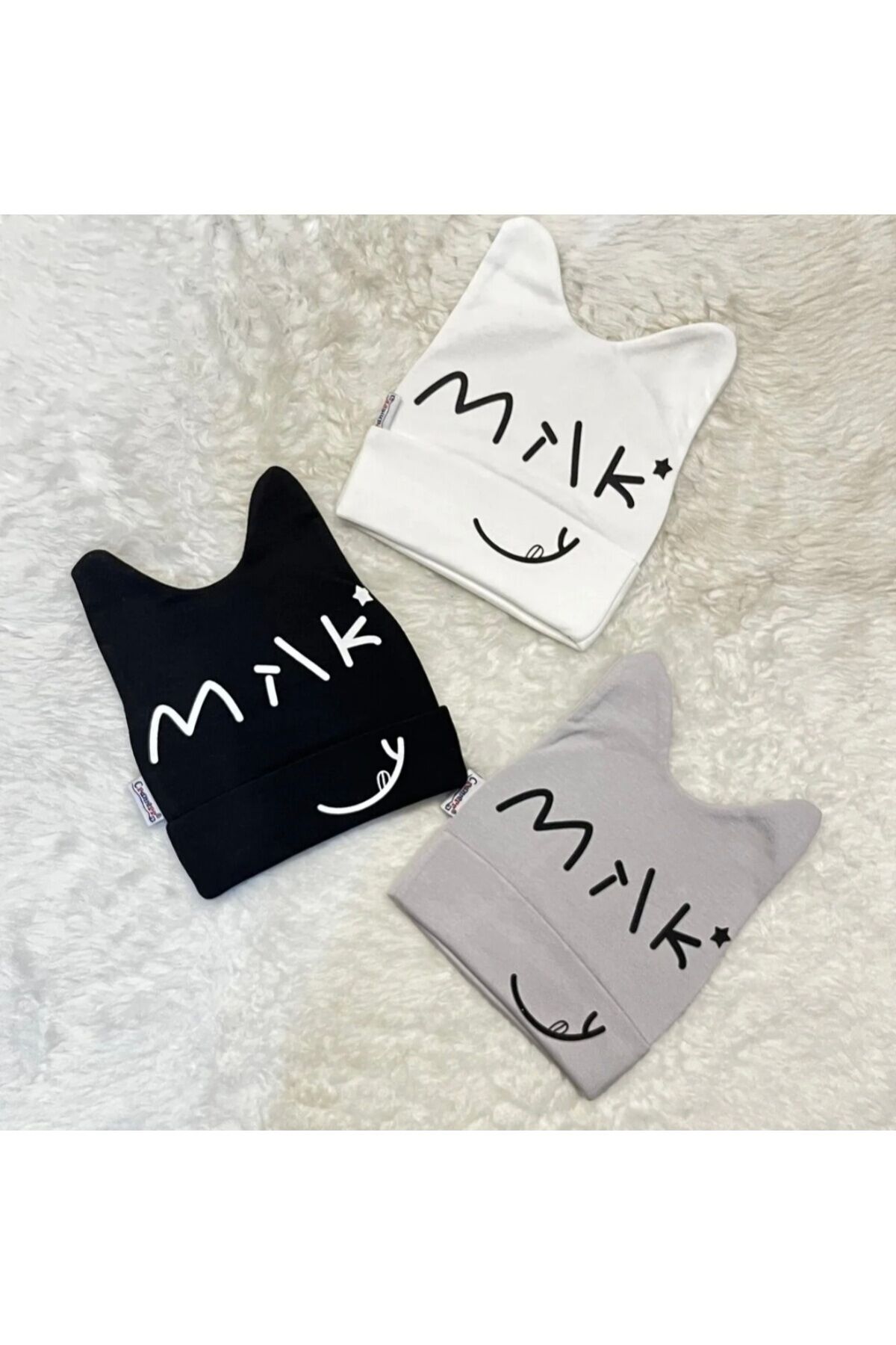 Siyah Beyaz Gri 3’'lü Milk Figürlü Kız Erkek Bebek Çocuk Penye Şapka Bere