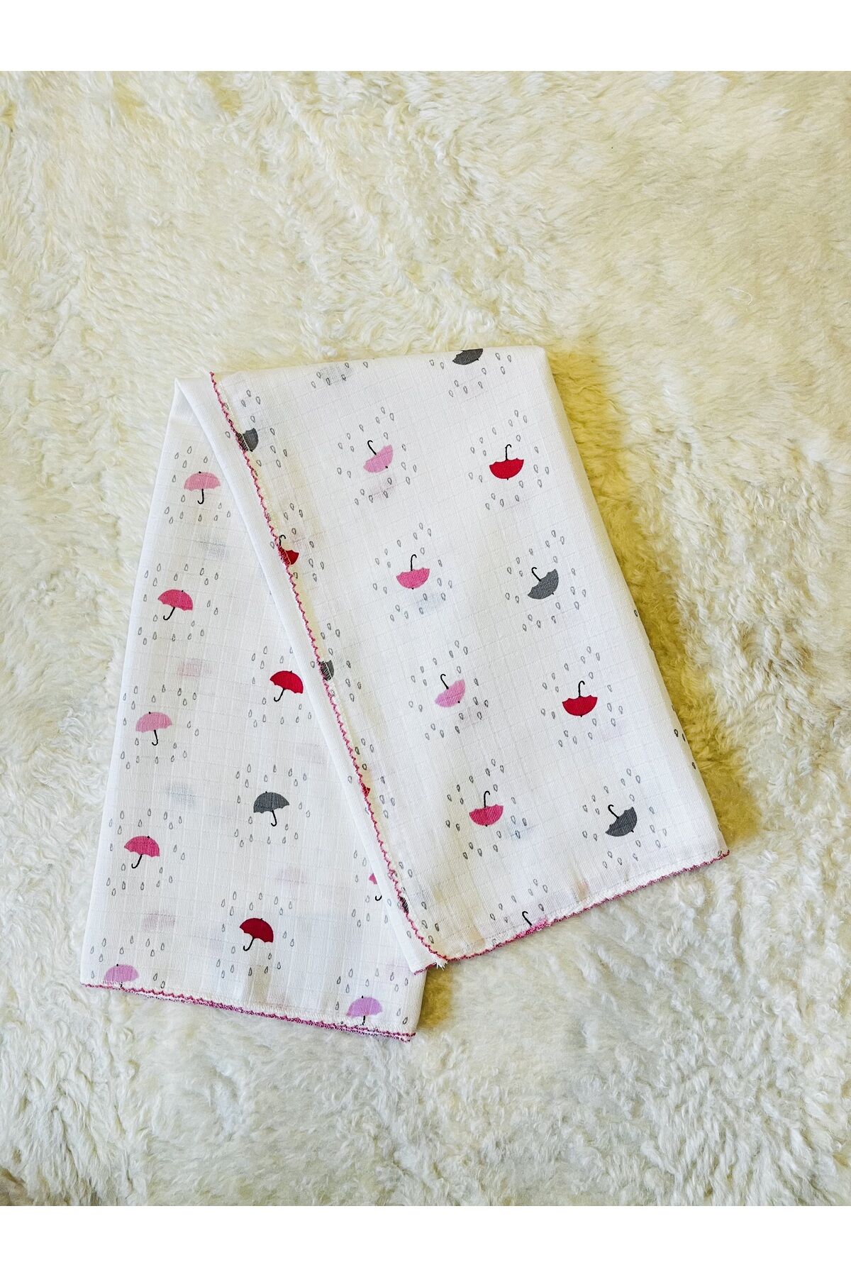 Sarı Şemsiyeli Müslin KızErkek Bebek Kundak Battaniye Pembe Beyaz