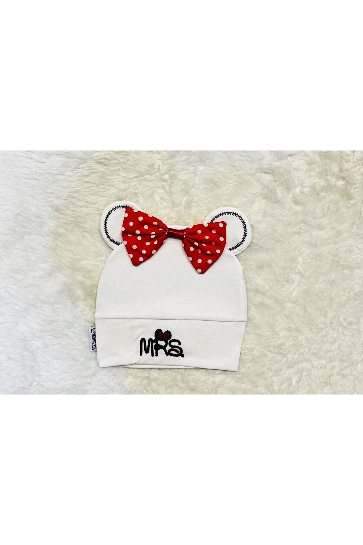 Beyaz Mickey Mouse Figürlü Kız Erkek Bebek Çocuk Penye Şapka Bere