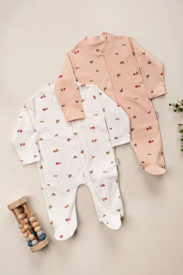 Organik Kız Bebek Çiçek desenli 2li Tulum Takımı Yenidoğan kıyafet 1-3-6 ay 2'li Pamuklu 2 Parça Çi Pembe - 0-3 Ay