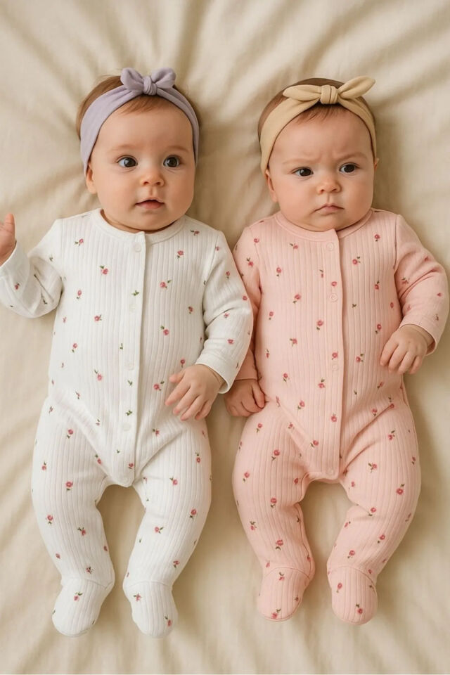 Organik Kız Bebek Çiçek desenli 2li Tulum Takımı Yenidoğan kıyafet 1-3-6 ay 2'li Pamuklu 2 Parça Çi Pembe - 0-3 Ay