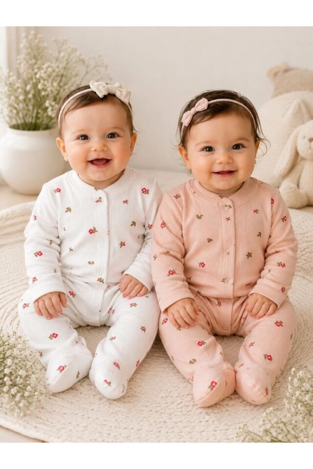 Organik Kız Bebek Çiçek desenli 2li Tulum Takımı Yenidoğan kıyafet 1-3-6 ay 2'li Pamuklu 2 Parça Çi Pembe - 3-6 Ay