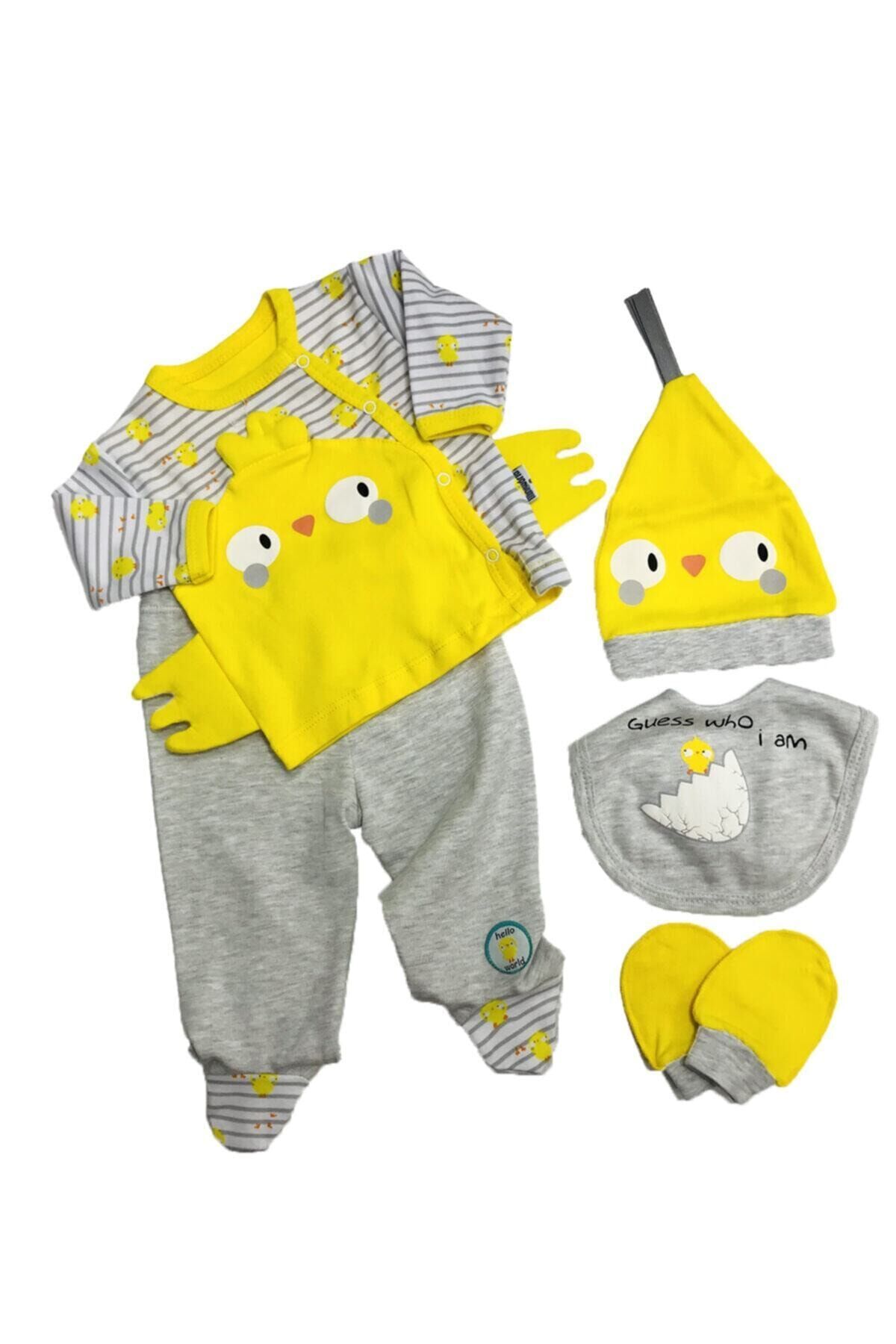 Unisex Yenidoğan Sarı Chick 5li Hastane Çıkışı Zıbın Seti
