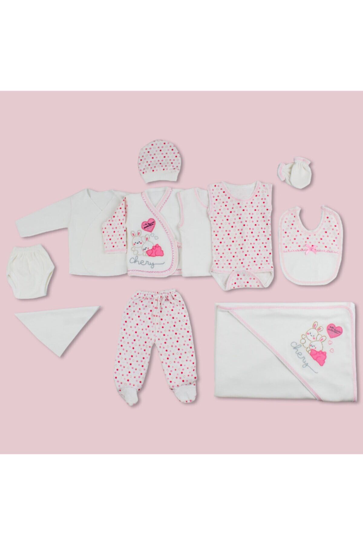 11'li Yenidoğan Bebek Tavşan Desenli Pembe Hastane Çıkışı Set Pembe - Yeni Doğan