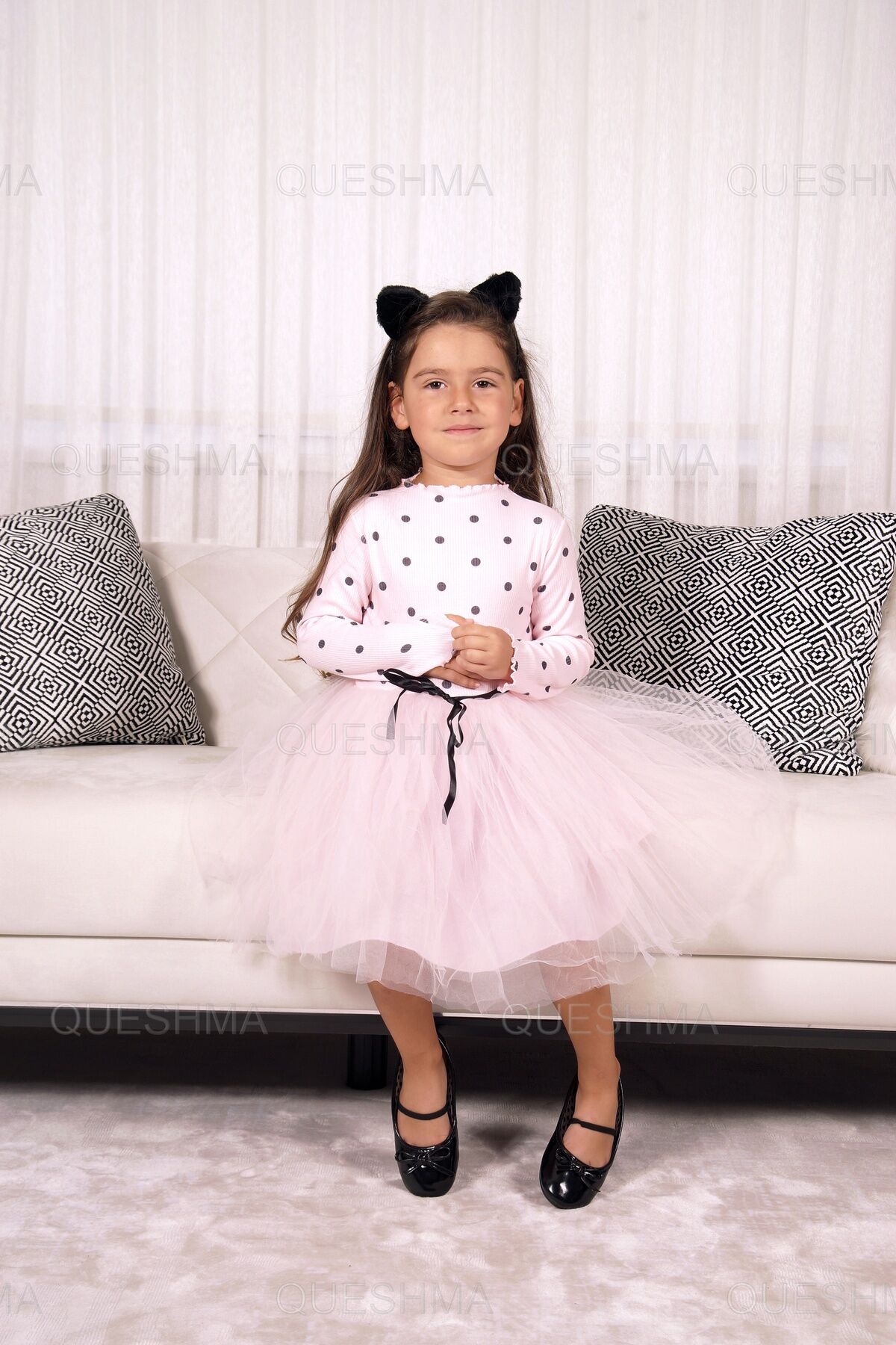 Kız Bebek Çocuk Prenses Kabarık Tütü Elbise Puantiyeli Uzun Kol Esnek Likralı Pudra Pembe