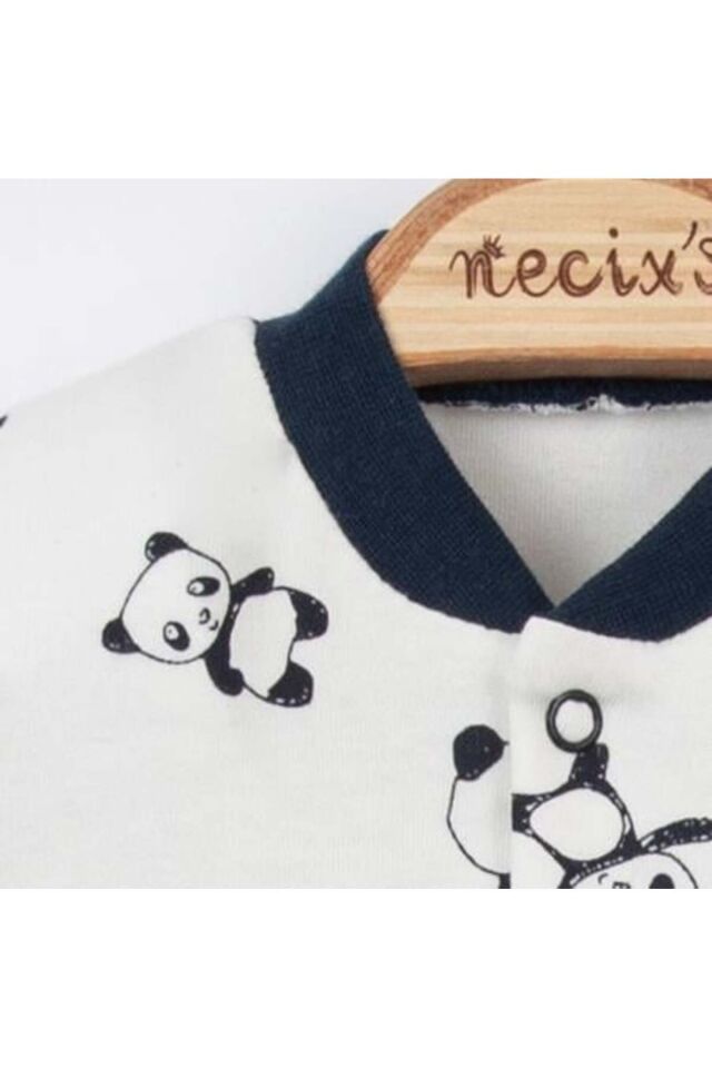 Panda Baskılı Çizgili Çıtçıtlı Erkek Bebek Üçlü Patikli Tulum Gri Melanj Karışık Renkli - 0-3 Ay