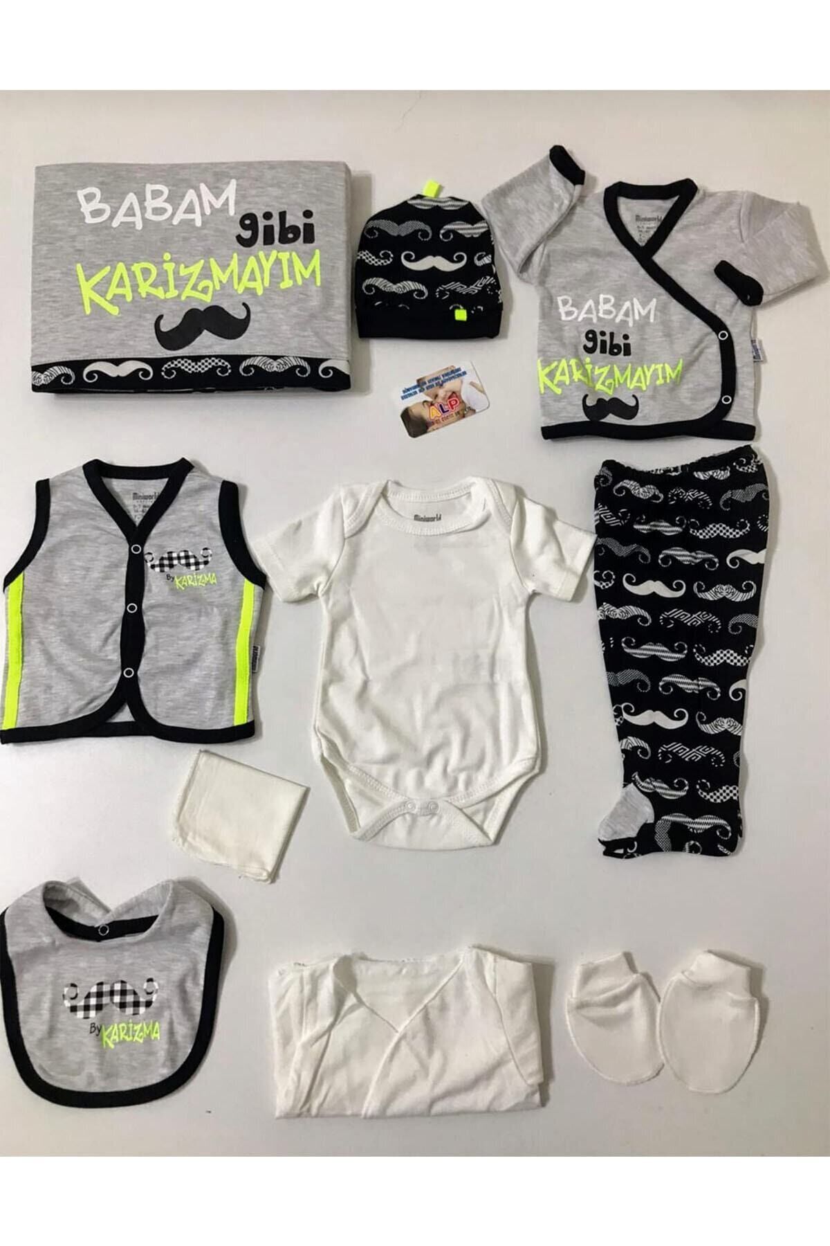 Unisex Gri Babam Gibi Karizmayım Hastane Çıkış Seti 10'lu Yeni Doğan