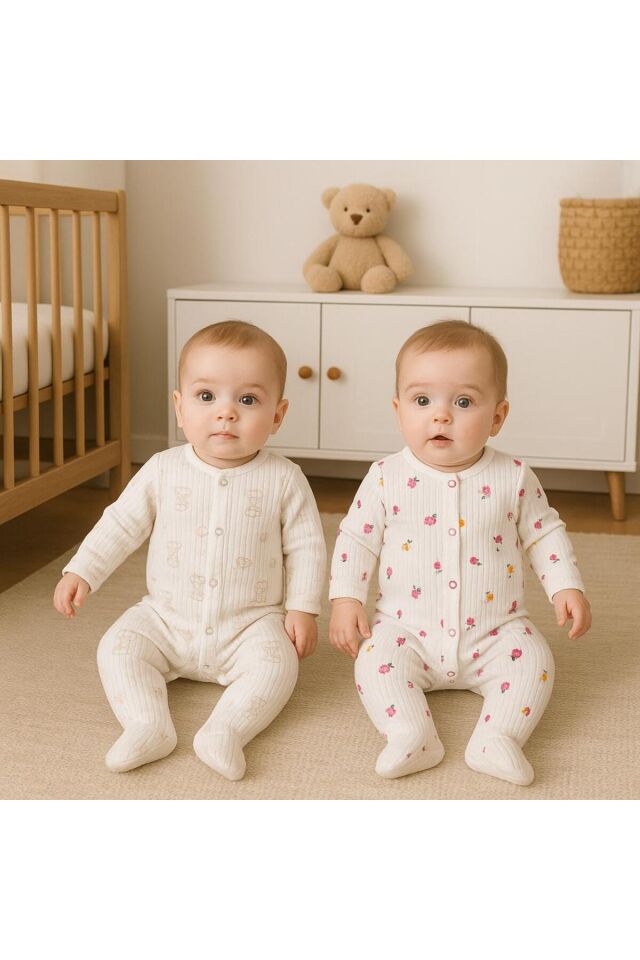 3'lü rahat kumaş bedenli bebek takımı Beyazçiçekli - 62 Cm