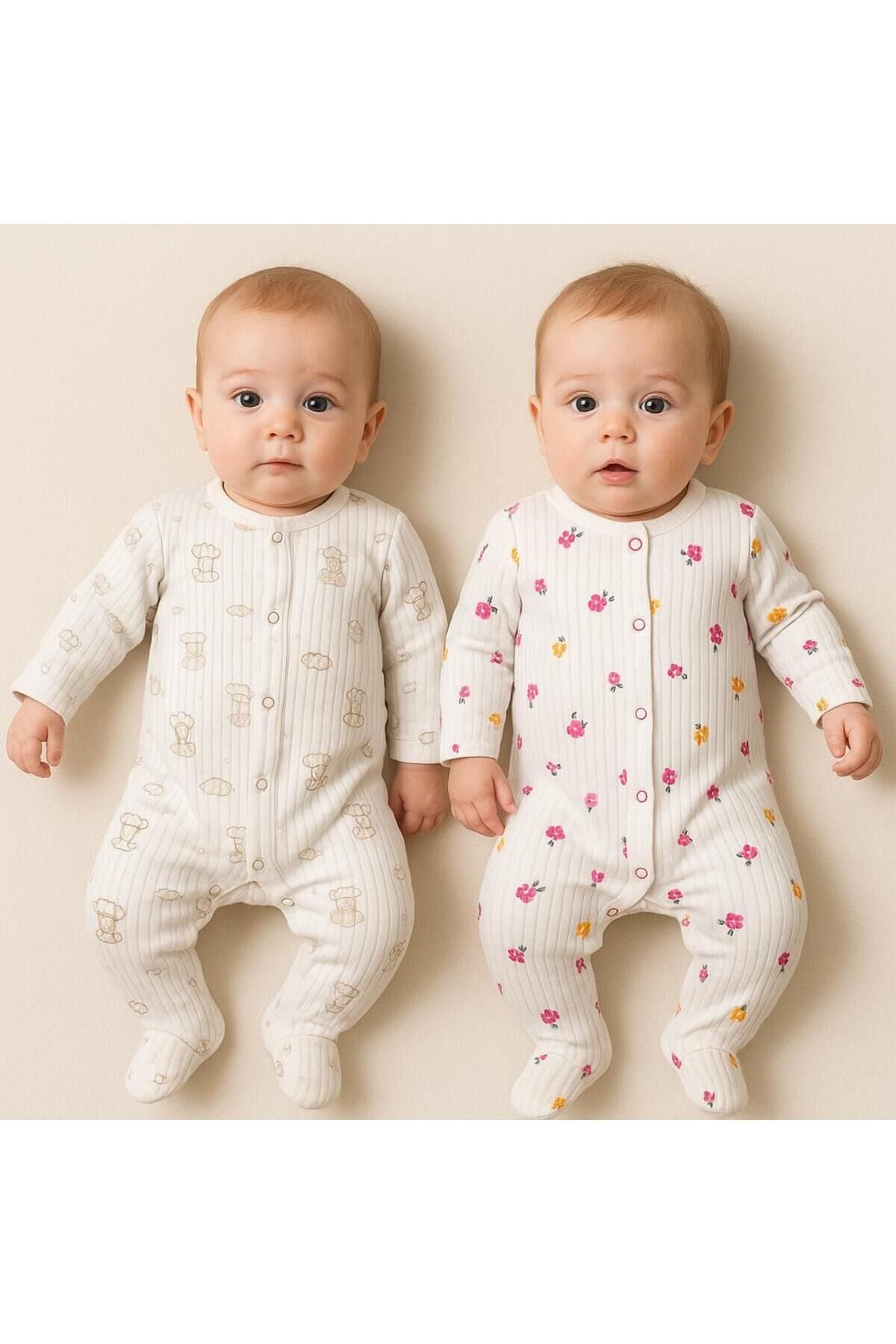 3'lü rahat kumaş bedenli bebek takımı Beyazçiçekli - 62 Cm