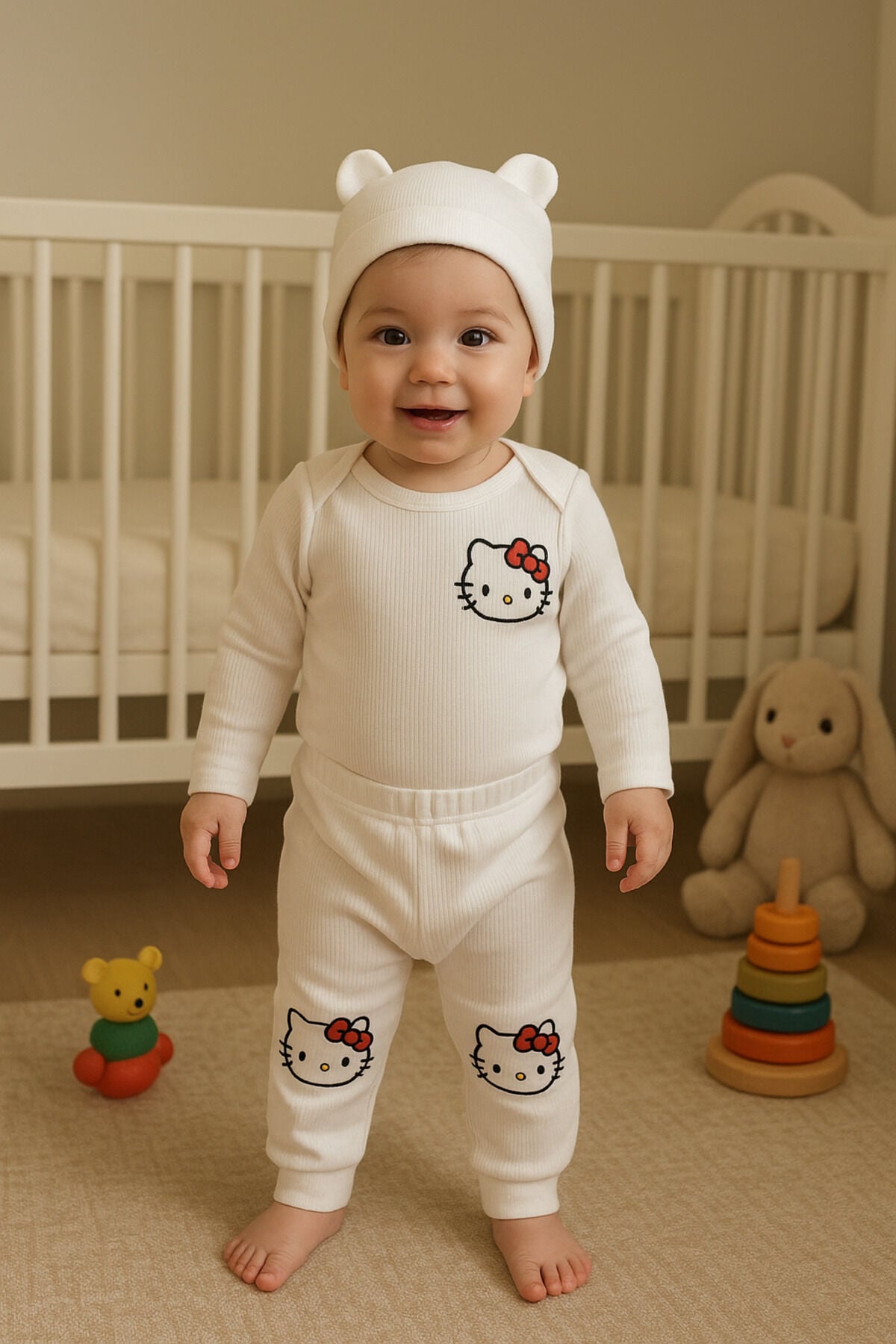 3'lü rahat kumaş bedenli bebek takımı Ekru3Lükız - 6 Ay