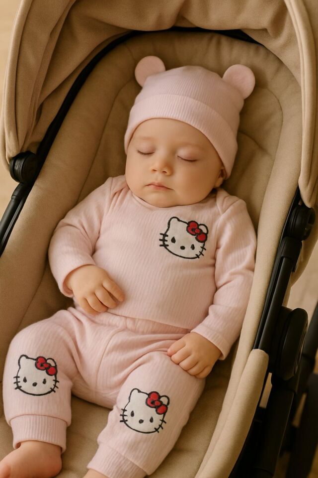 3'lü rahat kumaş bedenli bebek takımı Pembe3Lükız - 6 Ay