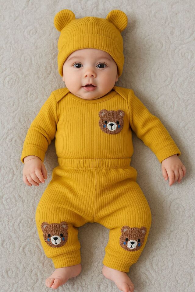 3'lü rahat kumaş bedenli bebek takımı Sarı3Lümnbrd - 6 Ay
