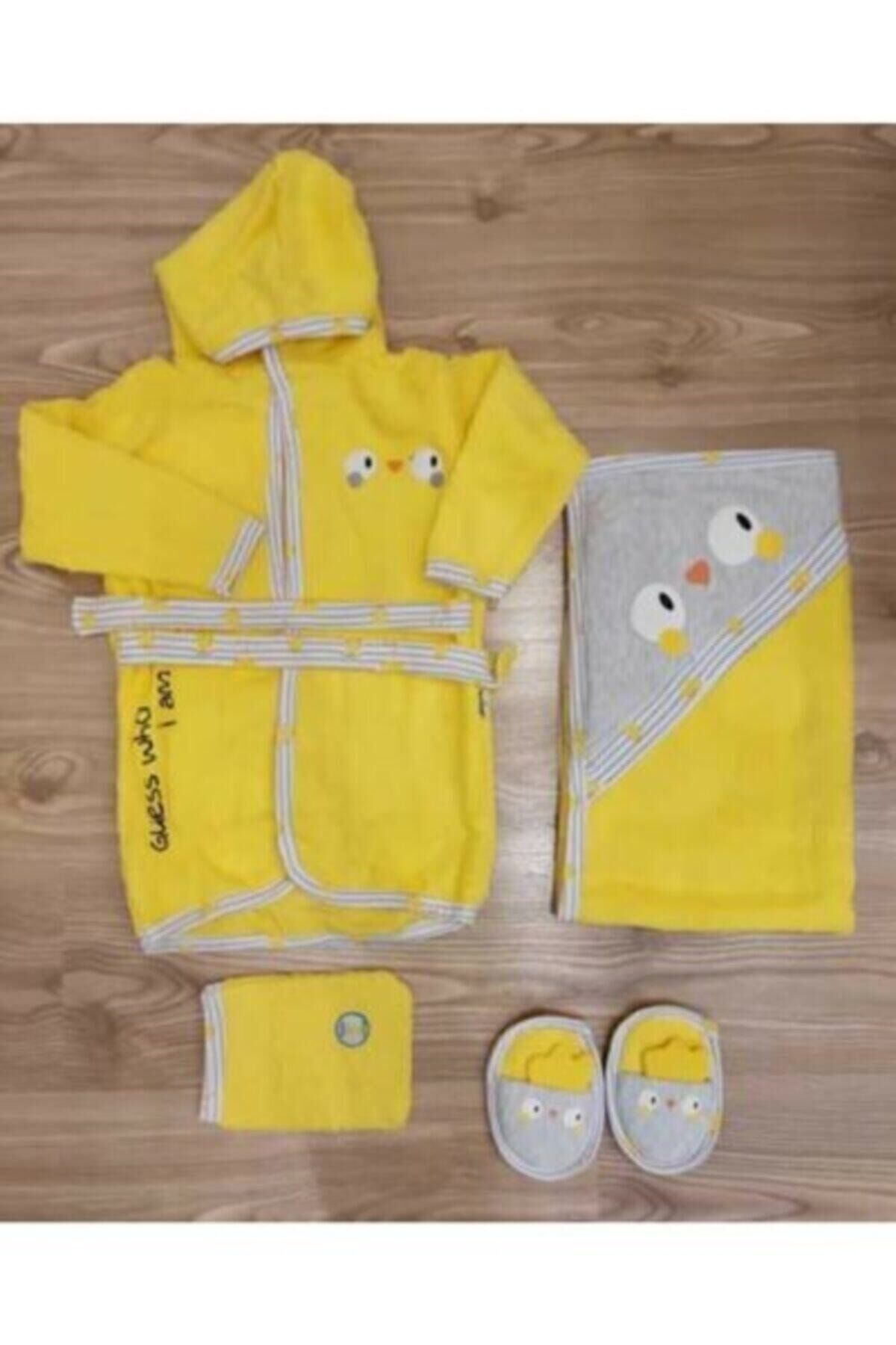 Erkek Kız Bebek Sarı Kutulu 4 Parça Bornoz Seti Sarı