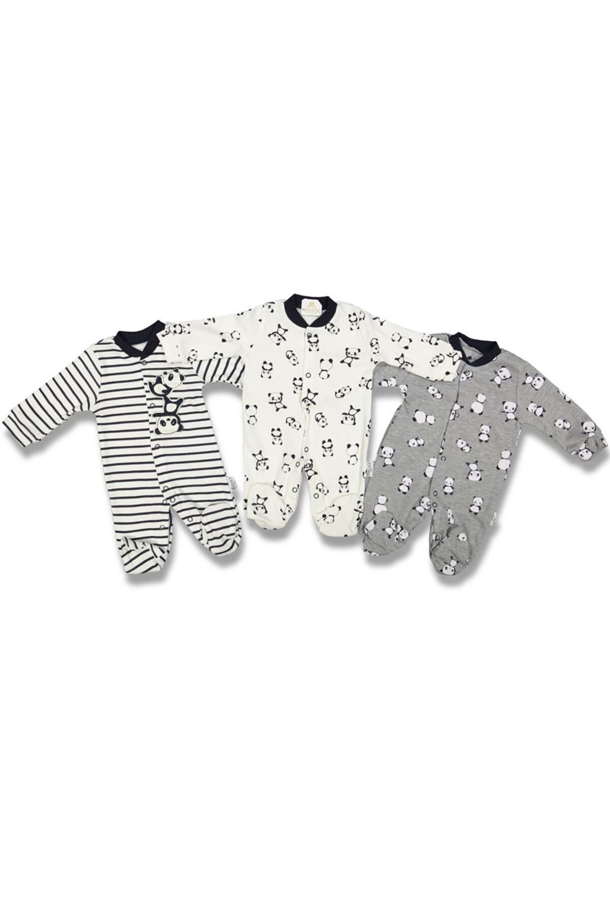 Pandalı Grili 3'lü Tulum Set Gri-10947 - 0-3 Ay