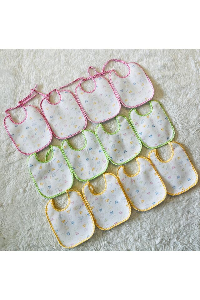 12 Li Pembe Yeşil Sarı Karışık Renk Sıvı Geçirmez Bağcıklı Bebek Mama Önlüğü Karışık - S