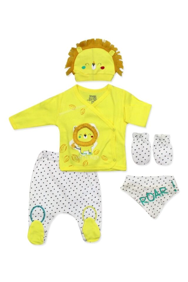 Sarı Yeleli Aslan Motifli 5 Li Bebek Takımı K1319 Sarı - Yeni Doğan