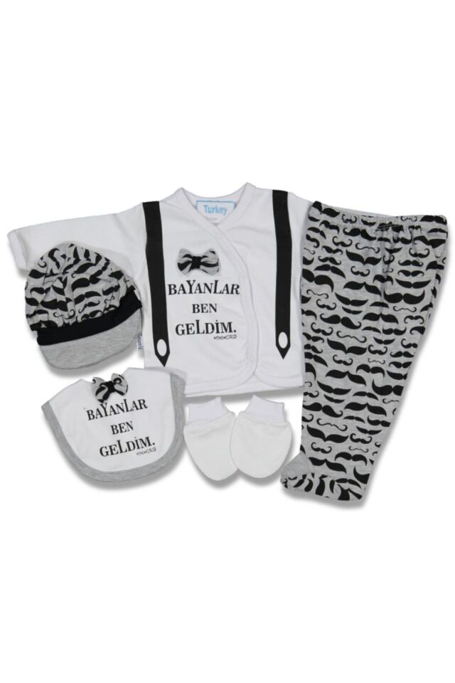 Eldiven, Bere, Önlük, Kundak Body, Patikli Alt Kız Ve Erkek Bebek 5li Yenidoğan Zıbın Seti Gri - 0-3 Ay