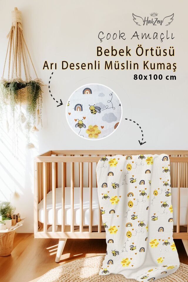 Çok Amaçlı Müslin Örtü %100 Pamuk Organik 80x100 Cm Bebek Örtüsü, Bebek Battaniyesi Puset Örtüsü Arı Desenli